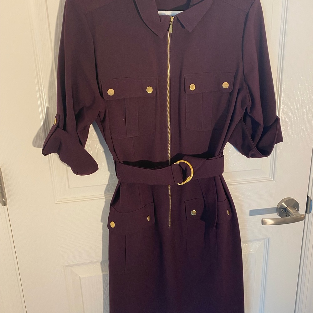 Eggplant dress with belt, brushed gold snaps and details